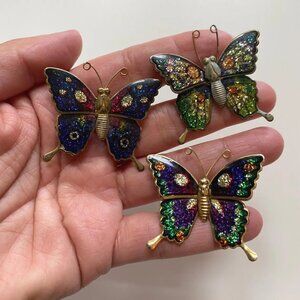 Enamel Butterfly Brooches Metal Jewelry Accessories 70s 80s Glittery Sparkly